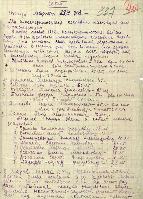 Акт о сожжении деревни Шухвосты Витебского района. 1943 г.