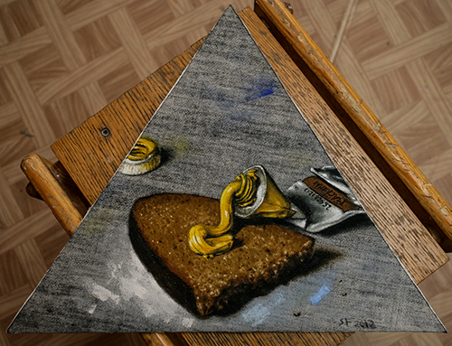 Картина «Хлеб с маслом» выполнена на холсте на треугольном подрамнике