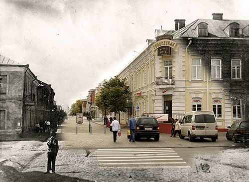 Ulica w Mahilowie sto lat temu  i dziś na jednym zdjęciu. Fotokolaż Aleha Dawida Lisoŭskiego